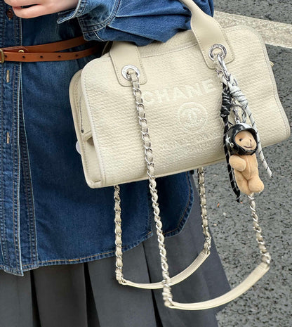 Chanel Small Deauville Shopping Bag, 22C Collection, White Mixed Fiber Canvas, Silver-tone Metal Chain Hardware