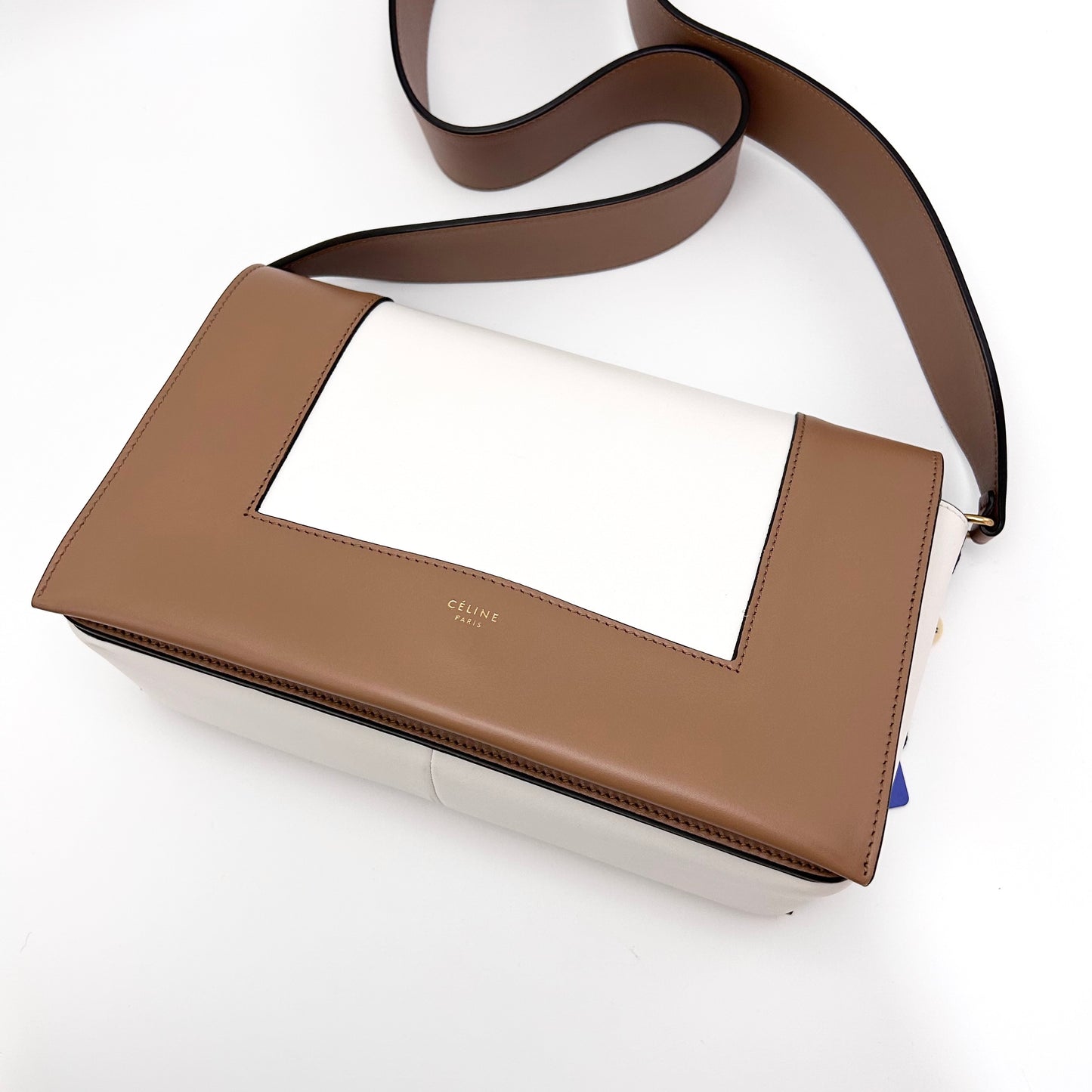 Celine Frame Shoulder Bag, Brown & White Smooth Calfskin, Gold-tone Clasp Hardware with Wide Leather Strap