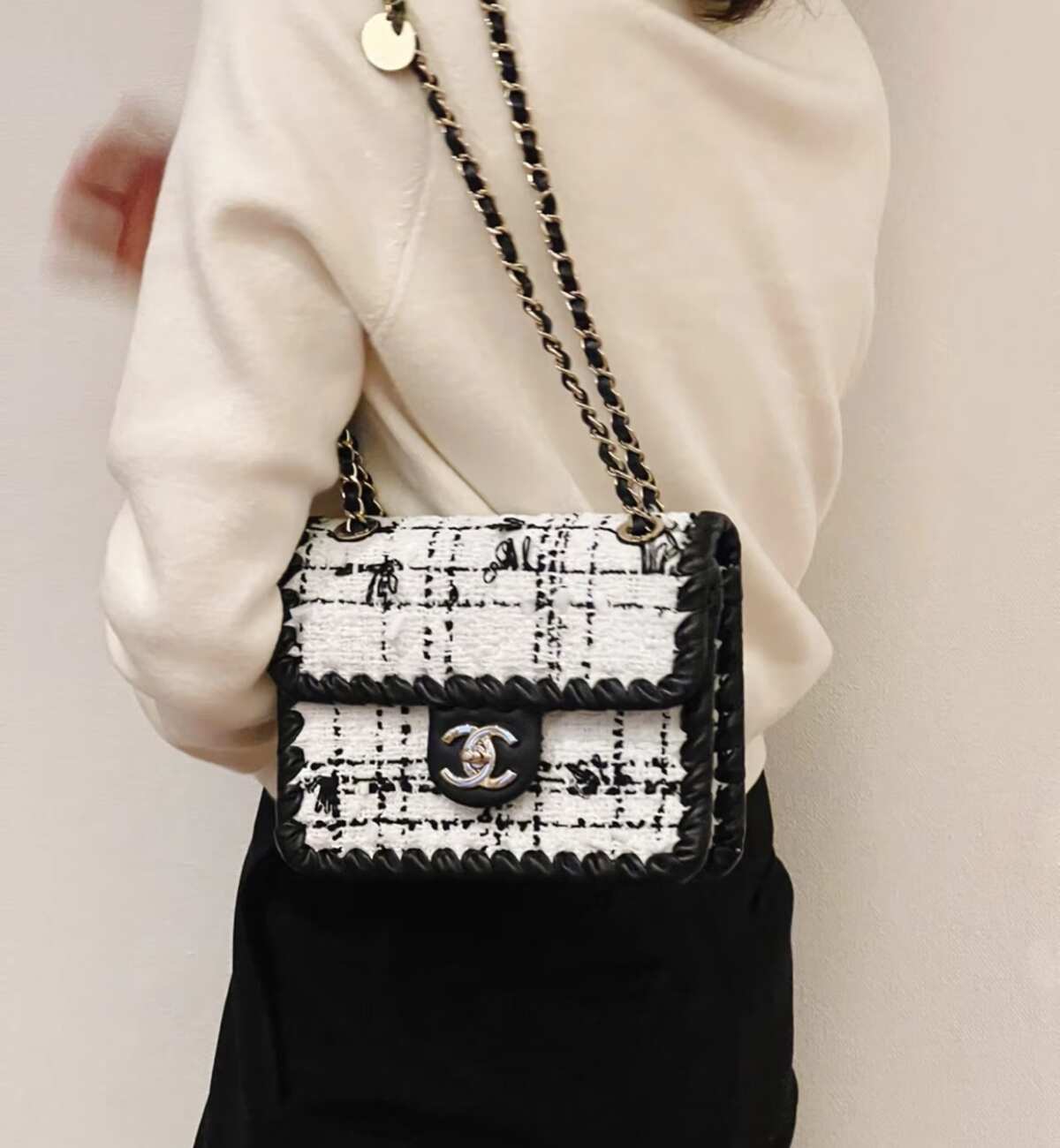 Chanel Classic Flap Mini, 22C Collection, Black & White Tweed with Braided Leather Trim, Gold-tone Interlocking CC Hardware