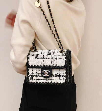 Chanel Classic Flap Mini, 22C Collection, Black & White Tweed with Braided Leather Trim, Gold-tone Interlocking CC Hardware