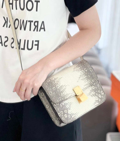Celine Small Classic Box Flap Bag in Lizard Skin with Gold-Tone Hardware