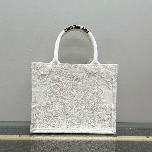 Dior Medium Book Tote, Limited Edition White Butterfly Embroidery Raffia & Canvas Tote Bag