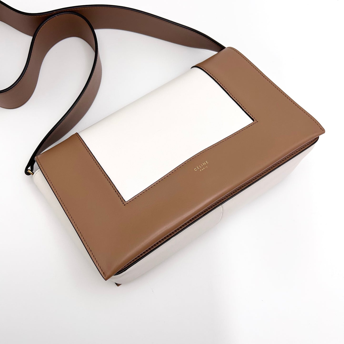 Celine Frame Shoulder Bag, Brown & White Smooth Calfskin, Gold-tone Clasp Hardware with Wide Leather Strap