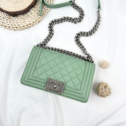 Chanel Small Boy Handbag, 23P Collection, Mint Green Caviar Calfskin, Ruthenium Silver Hardware