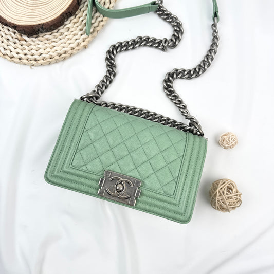 Chanel Small Boy Handbag, 23P Collection, Mint Green Caviar Calfskin, Ruthenium Silver Hardware