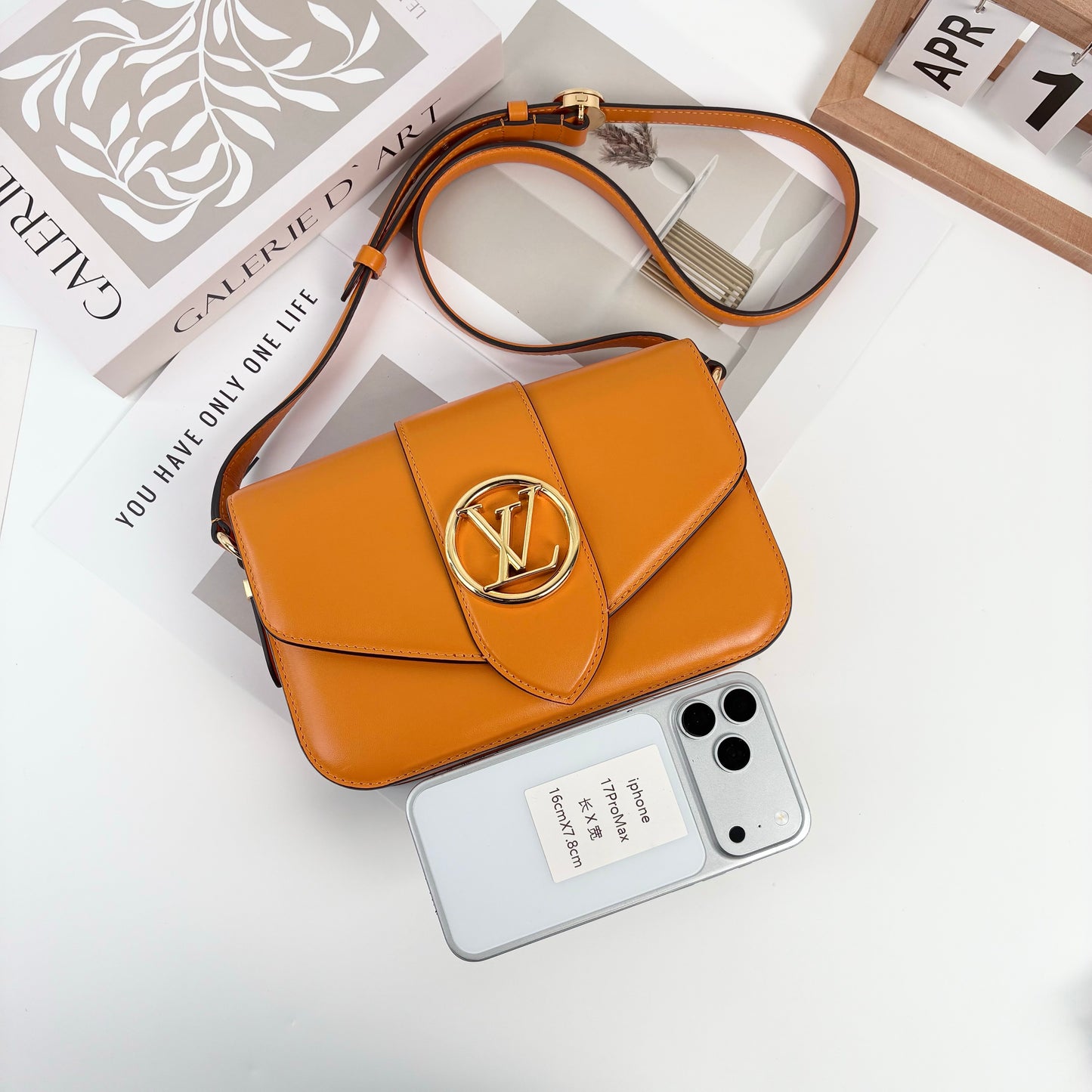 Louis Vuitton Pont 9 Small Crossbody Bag in Orange Smooth Calfskin, Gold-Tone LV Circle Hardware