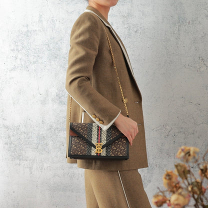 Burberry TB Monogram Envelope Chain Crossbody Bag, Stripe Printed Coated Canvas & Leather Trim, Gold-tone TB Logo Hardware