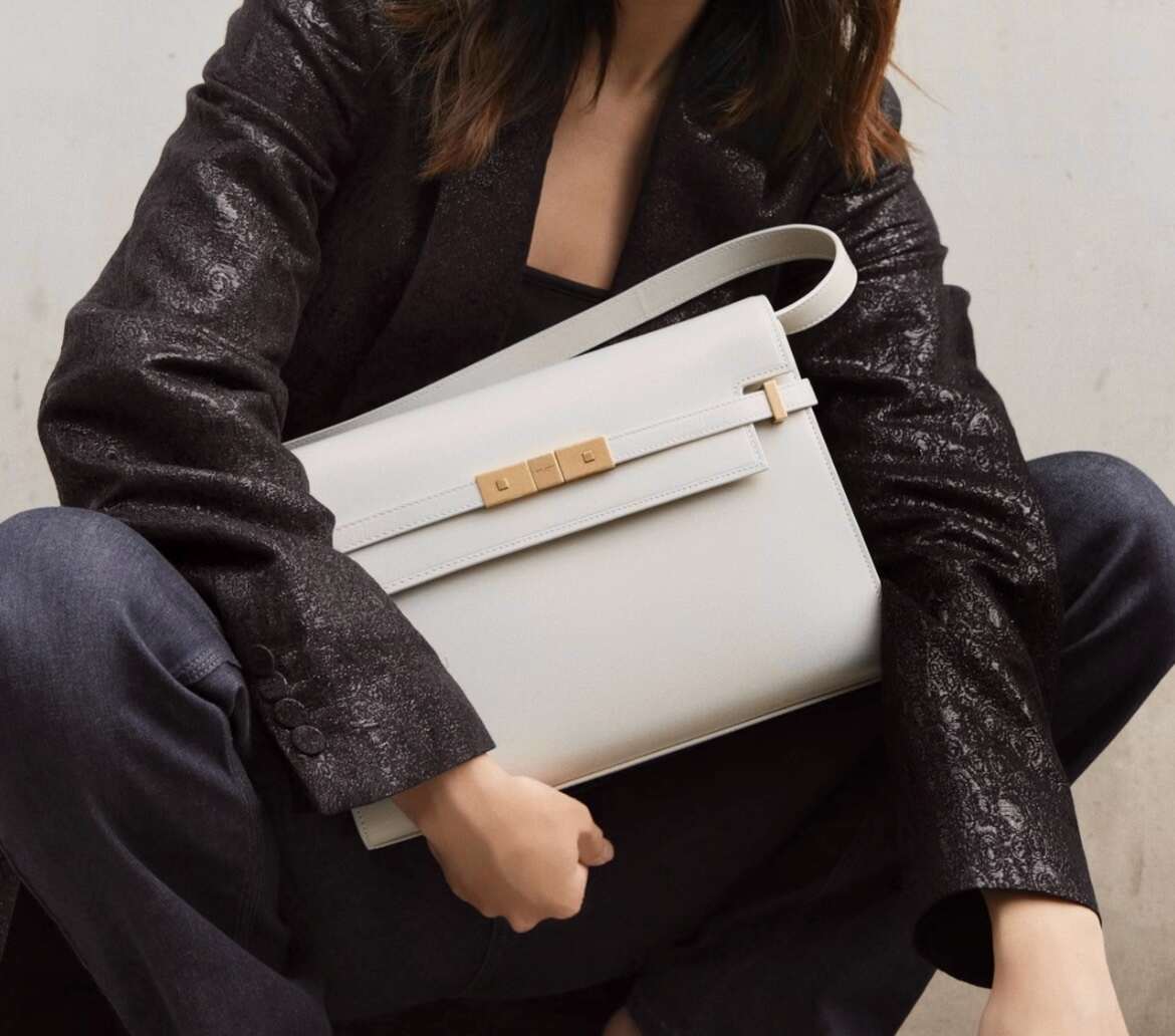 YSL Medium Manhattan Shoulder Bag in White Smooth Calfskin, Gold-Tone Hardware