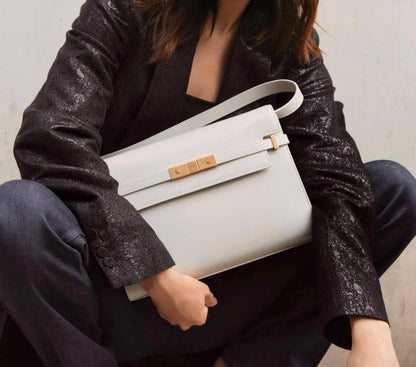 YSL Medium Manhattan Shoulder Bag in White Smooth Calfskin, Gold-Tone Hardware