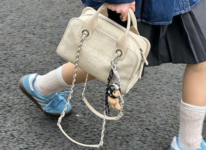 Chanel Small Deauville Shopping Bag, 22C Collection, White Mixed Fiber Canvas, Silver-tone Metal Chain Hardware