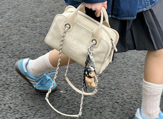 Chanel Small Deauville Shopping Bag, 22C Collection, White Mixed Fiber Canvas, Silver-tone Metal Chain Hardware