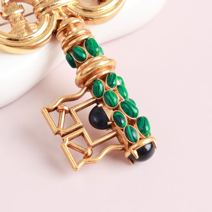 Louis Vuitton × Fornasetti Limited Edition Antique Key Convertible Brooch & Pendant Necklace, Gold Metal with Malachite Inlay, Ancient Greek Motif