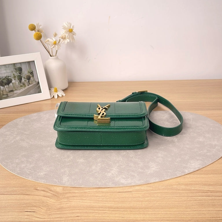 YSL Medium Solferino Shoulder Bag, Green Lizard Embossed Calfskin, Antique Gold-tone YSL Logo Hardware