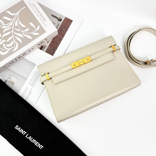 YSL Medium Manhattan Shoulder Bag in White Smooth Calfskin, Gold-Tone Hardware