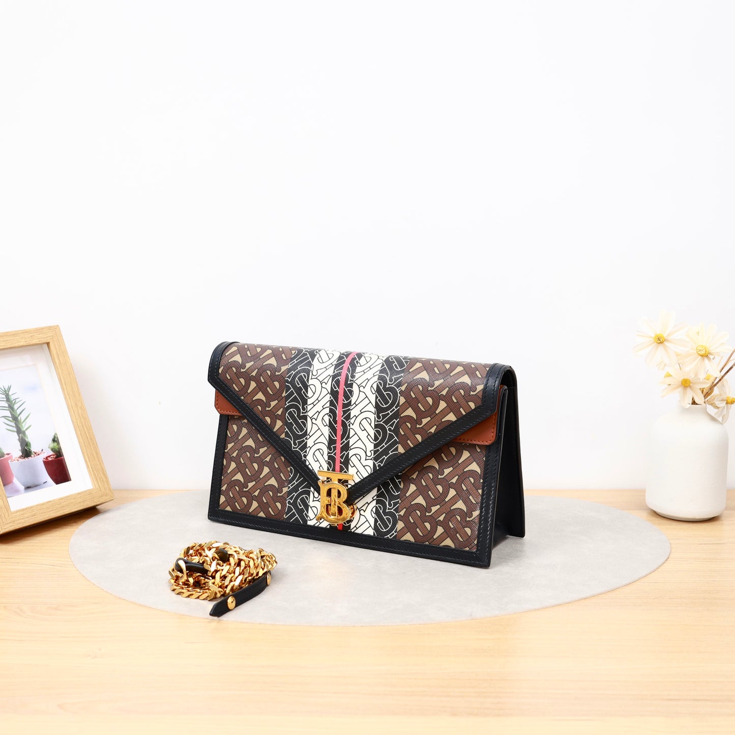 Burberry TB Monogram Envelope Chain Crossbody Bag, Stripe Printed Coated Canvas & Leather Trim, Gold-tone TB Logo Hardware