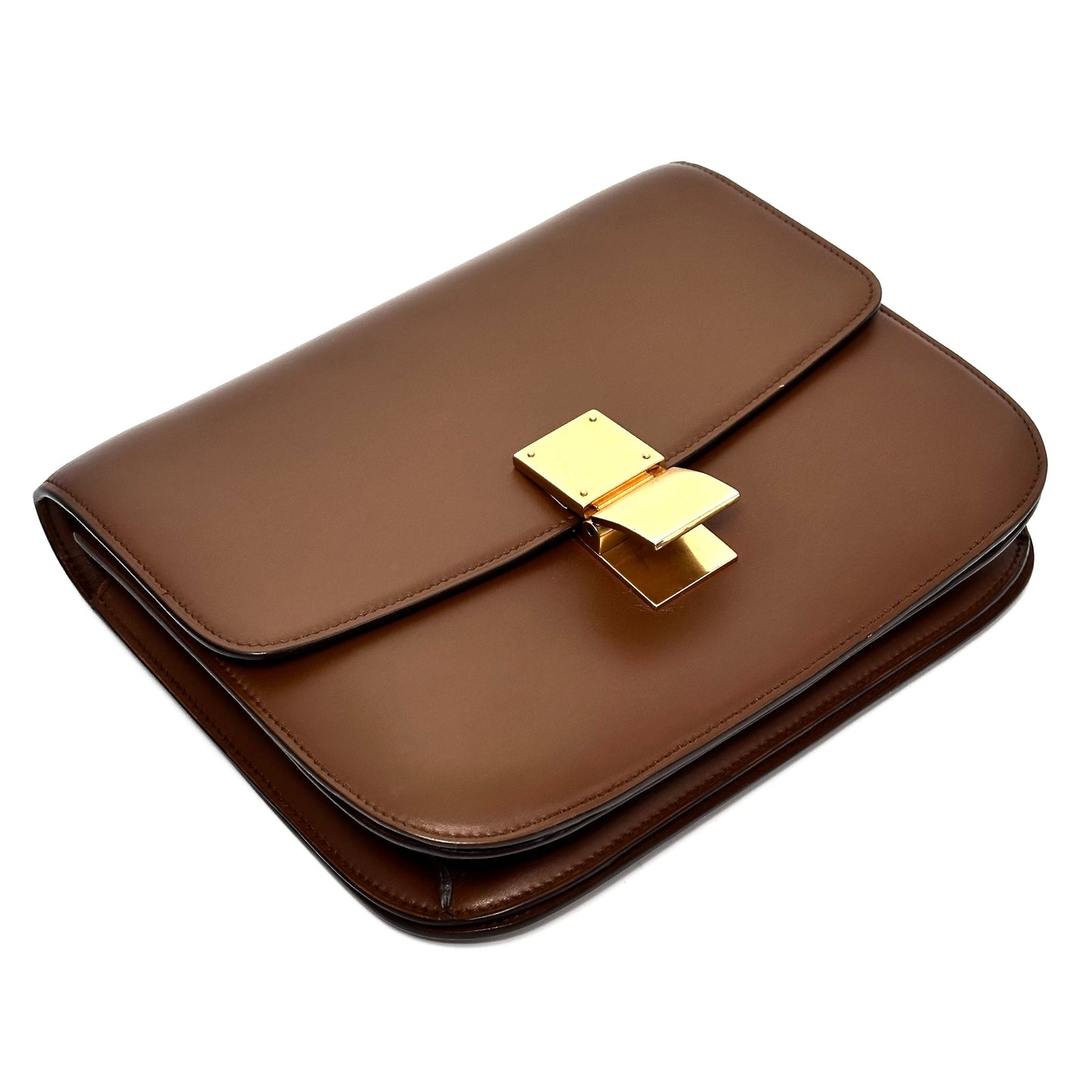 Celine Medium Classic Box Flap Bag, Brown Smooth Calfskin, Gold-tone Clasp Hardware, Detachable Shoulder Strap