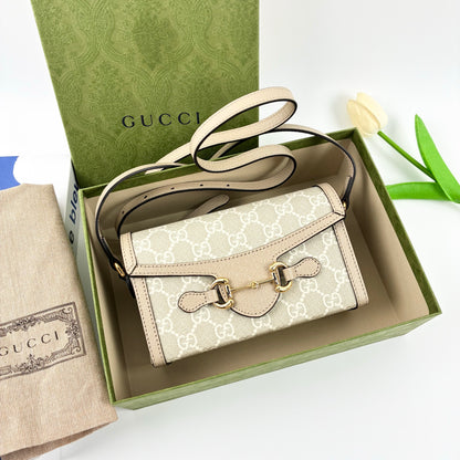 Gucci Horsebit 1955 Mini Crossbody Bag in GG Supreme Canvas and Leather Trim