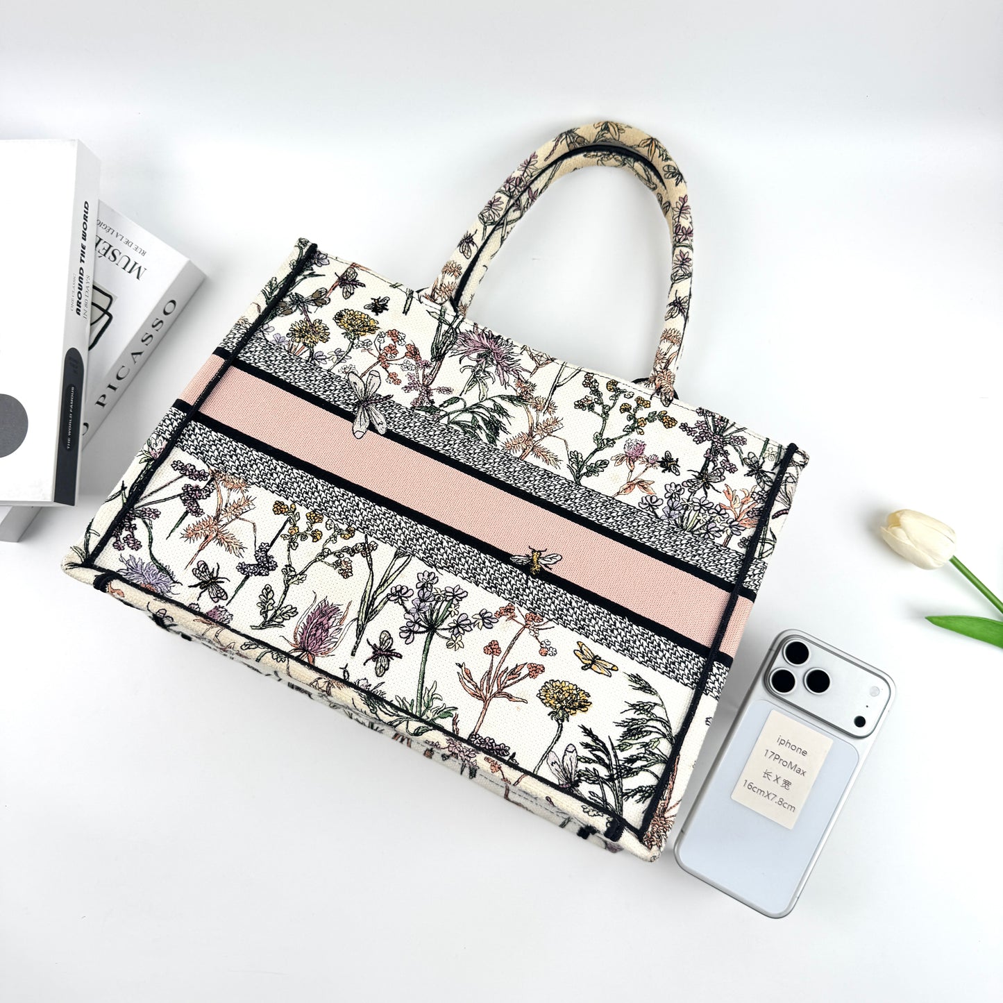 Dior Medium Book Tote Bag, Wildflower Dragonfly Embroidery Canvas