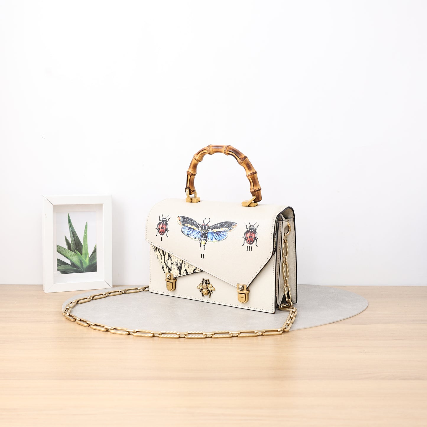 Gucci Ottilia Bamboo Top Handle Shoulder Bag, Off-White Calfskin with Snake Skin Inlay, Insect Print Motif, Gold Bee Hardware & Crystal Chain Strap