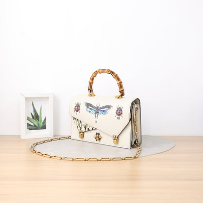 Gucci Ottilia Bamboo Top Handle Shoulder Bag, Off-White Calfskin with Snake Skin Inlay, Insect Print Motif, Gold Bee Hardware & Crystal Chain Strap