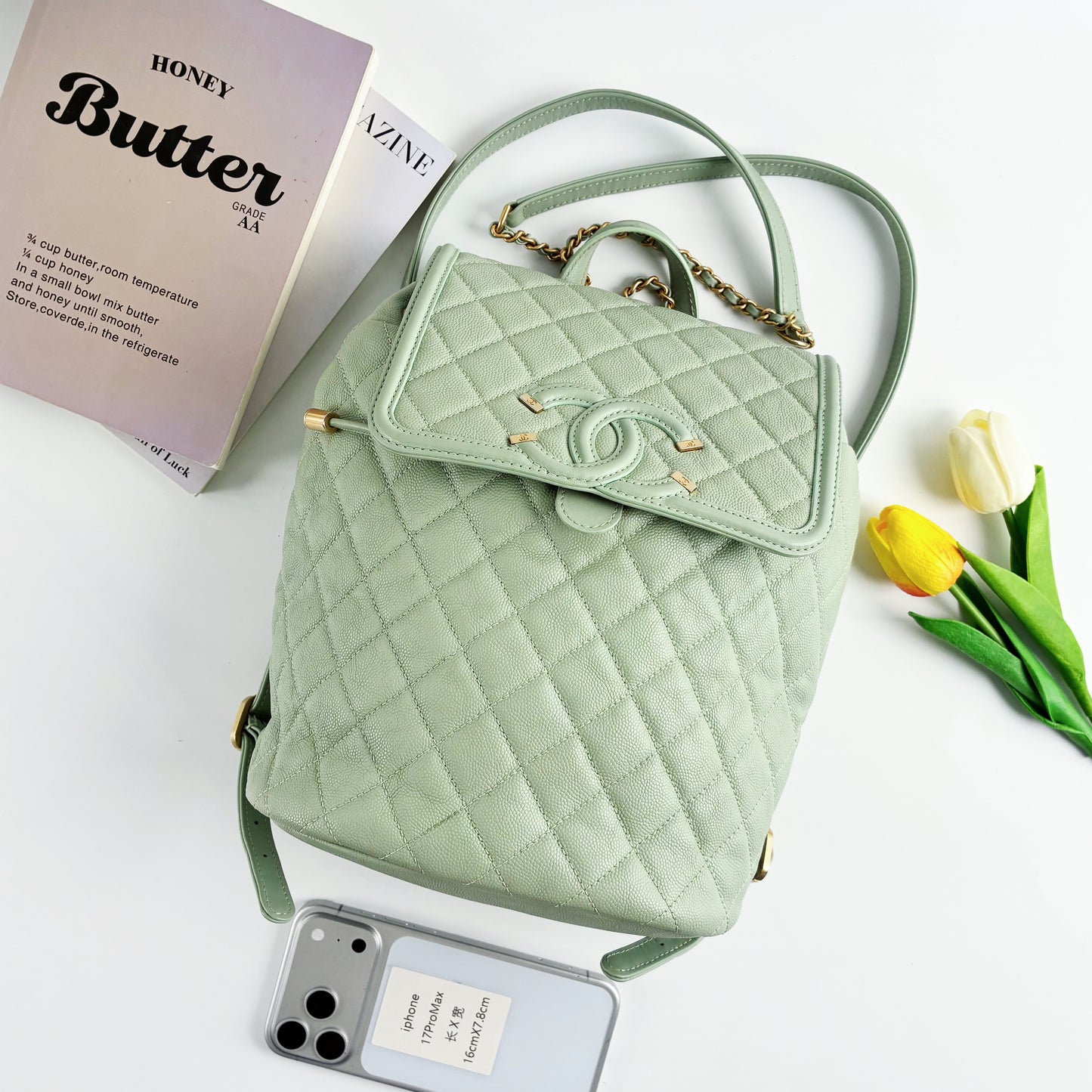CHANEL CC Filigree Quilted Caviar Leather Drawstring Backpack（Light Green, Gold-Tone Hardware）