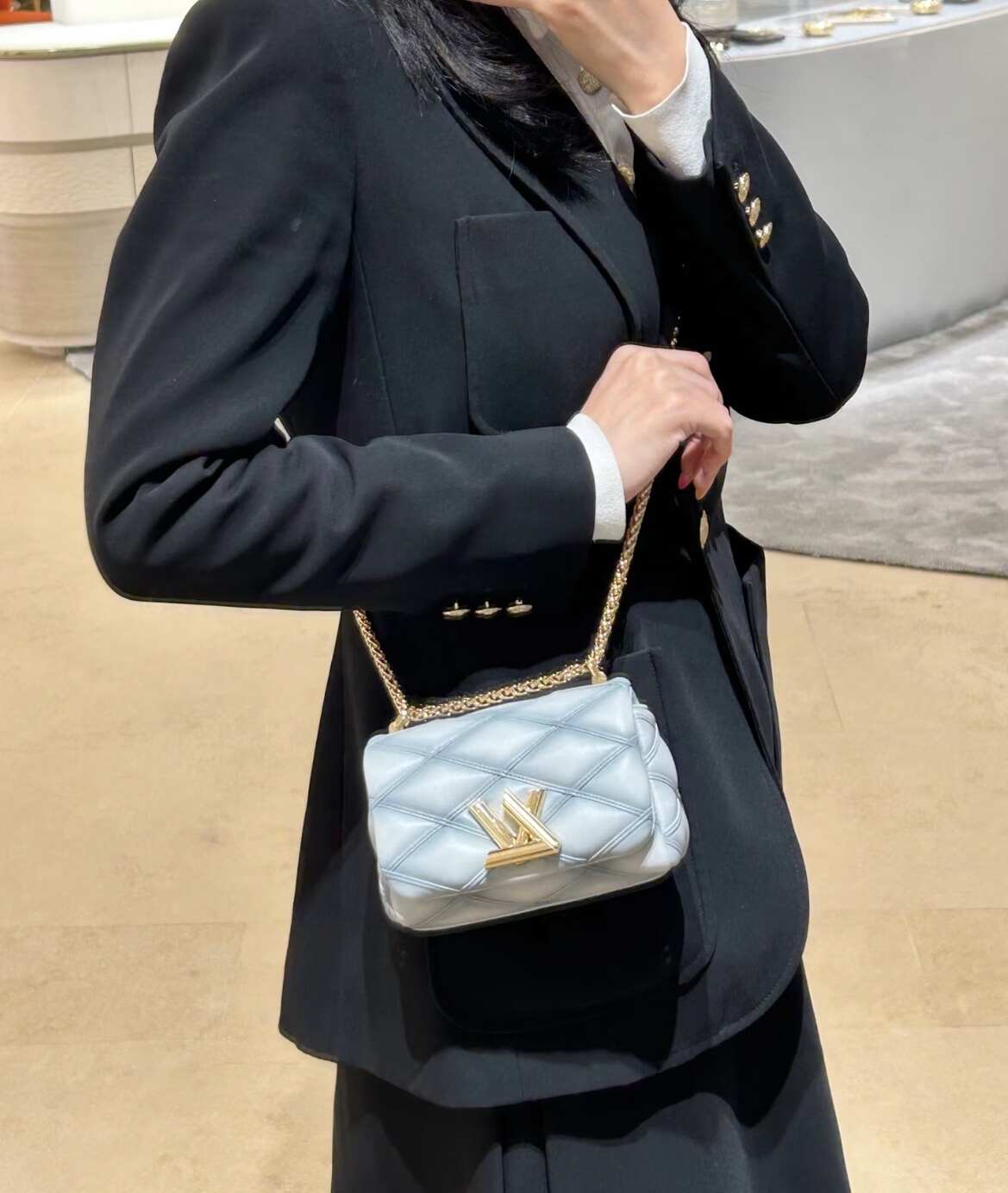Louis Vuitton GO-14 PM Malletage Handbag, Cruise Collection, Smoky Blue Ombré Gradient Lambskin, Gold-Tone Hardware