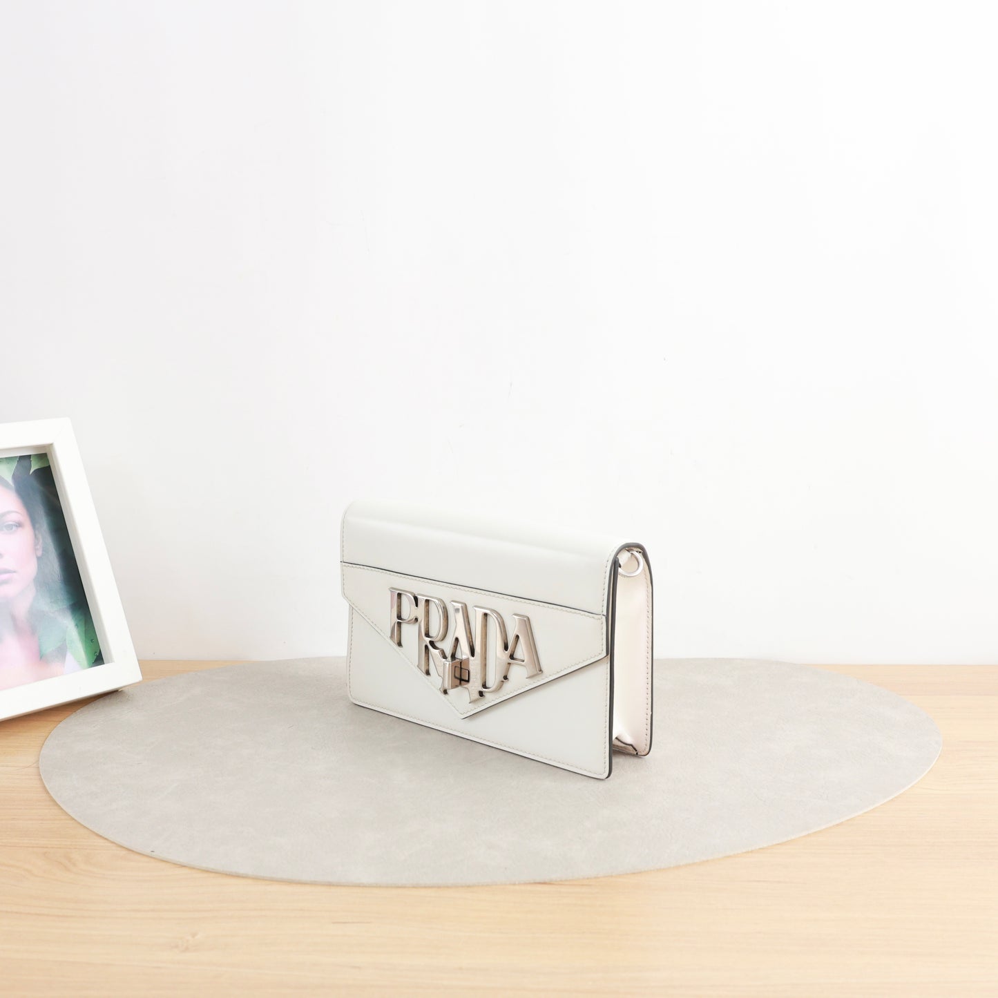 Prada Envelope Chain Shoulder Bag, White Smooth Calfskin, Large Metallic Gothic Logo Hardware