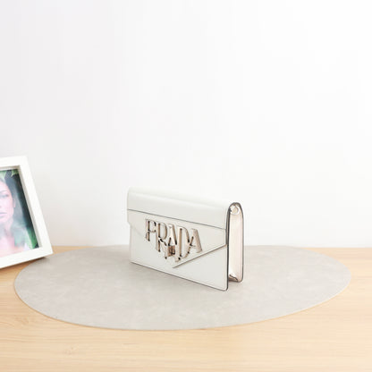 Prada Envelope Chain Shoulder Bag, White Smooth Calfskin, Large Metallic Gothic Logo Hardware
