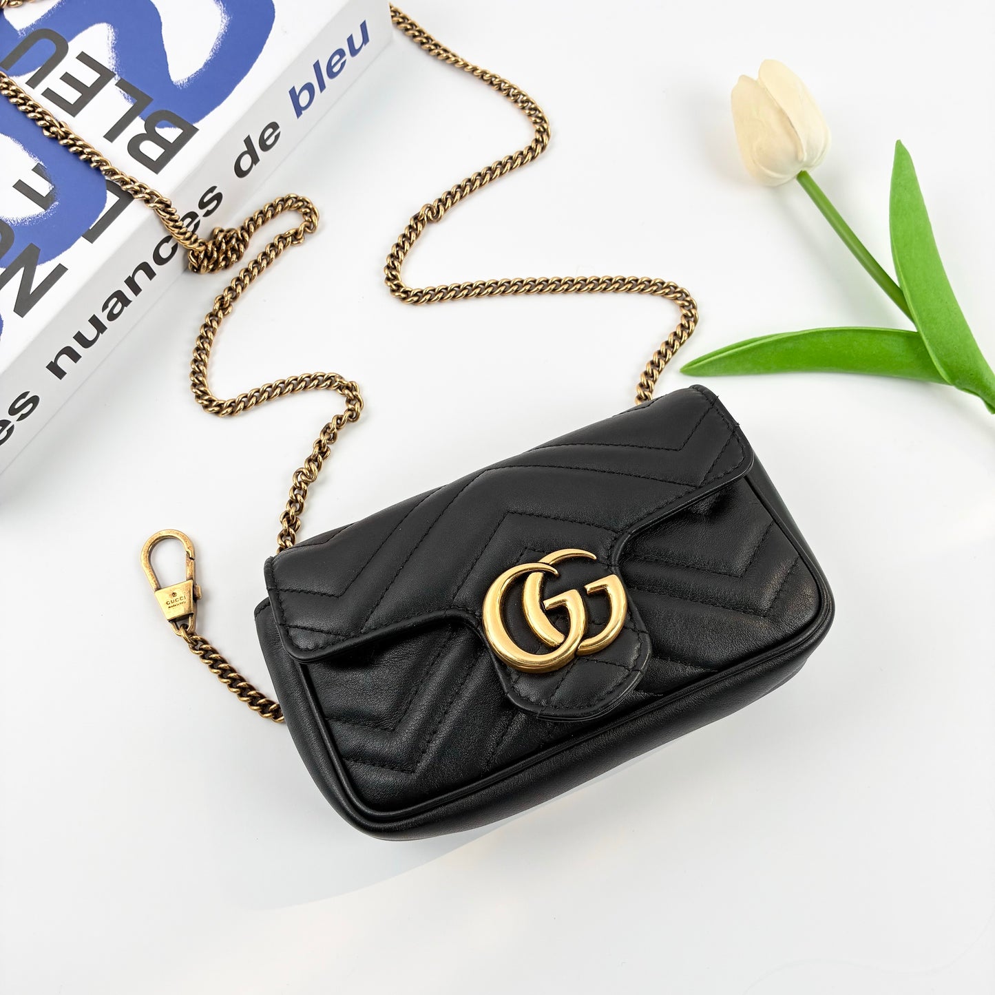 Gucci Super Mini GG Marmont Shoulder Bag, Black Chevron Quilted Matelassé Calfskin, Antique Gold Double G Hardware