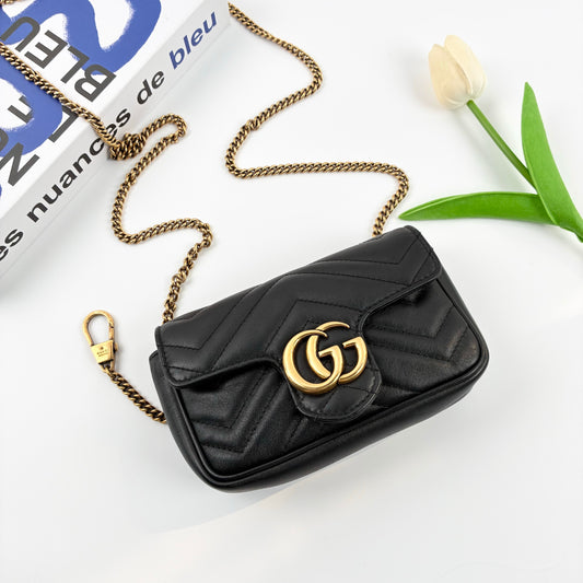 Gucci Super Mini GG Marmont Shoulder Bag, Black Chevron Quilted Matelassé Calfskin, Antique Gold Double G Hardware