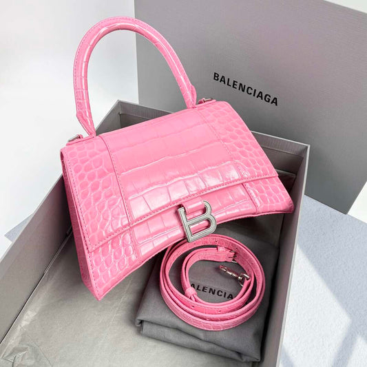 Balenciaga Small Hourglass Top Handle Bag, Pink Shiny Crocodile Embossed Calfskin, Silver Crystal B Logo Hardware, Detachable Crossbody Strap