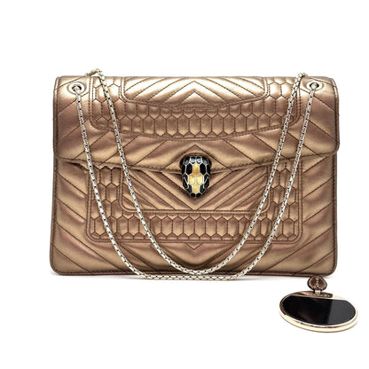 Bvlgari Medium Serpenti Forever Shoulder Bag, Metallic Gold Chevron Quilted Calfskin, Limited Edition Enamel Snake Head Clasp