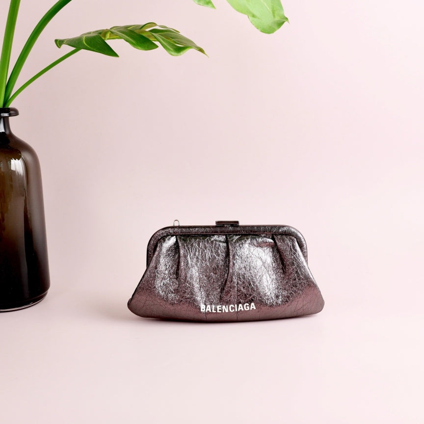 Balenciaga Cloud Clutch Crossbody Bag, Metallic Crackled Leather, White Logo Print with Detachable Leather Strap