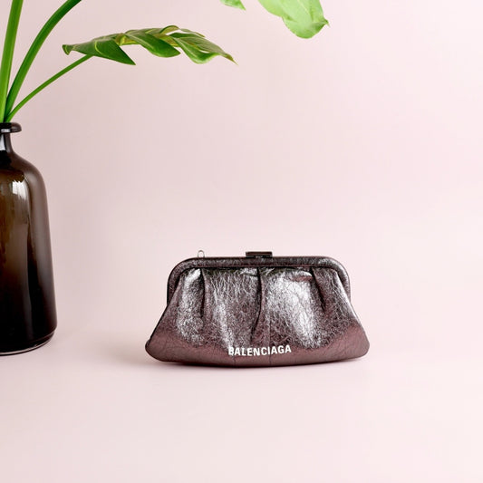 Balenciaga Cloud Clutch Crossbody Bag, Metallic Crackled Leather, White Logo Print with Detachable Leather Strap