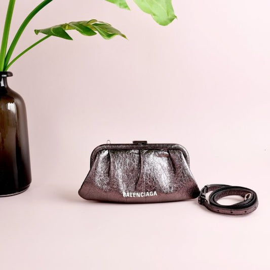 Balenciaga Cloud Clutch Crossbody Bag, Metallic Crackled Leather, White Logo Print with Detachable Leather Strap