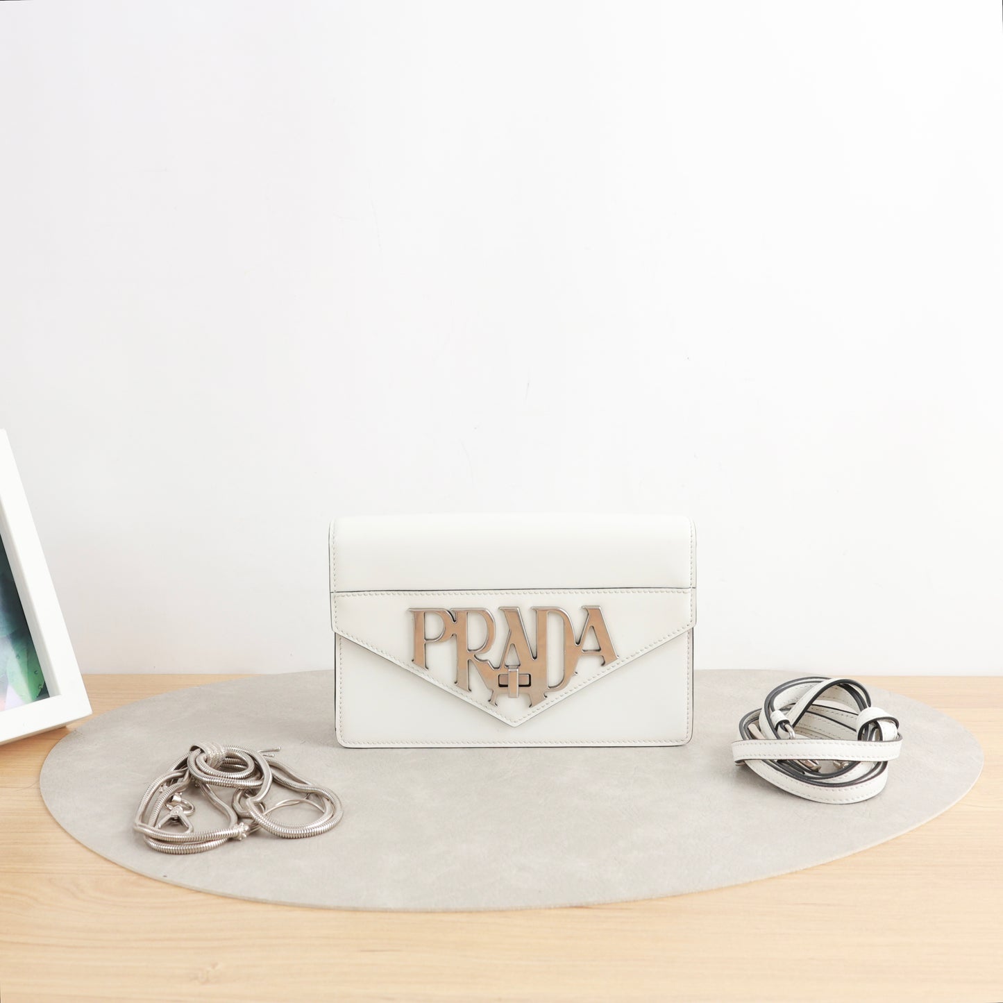 Prada Envelope Chain Shoulder Bag, White Smooth Calfskin, Large Metallic Gothic Logo Hardware