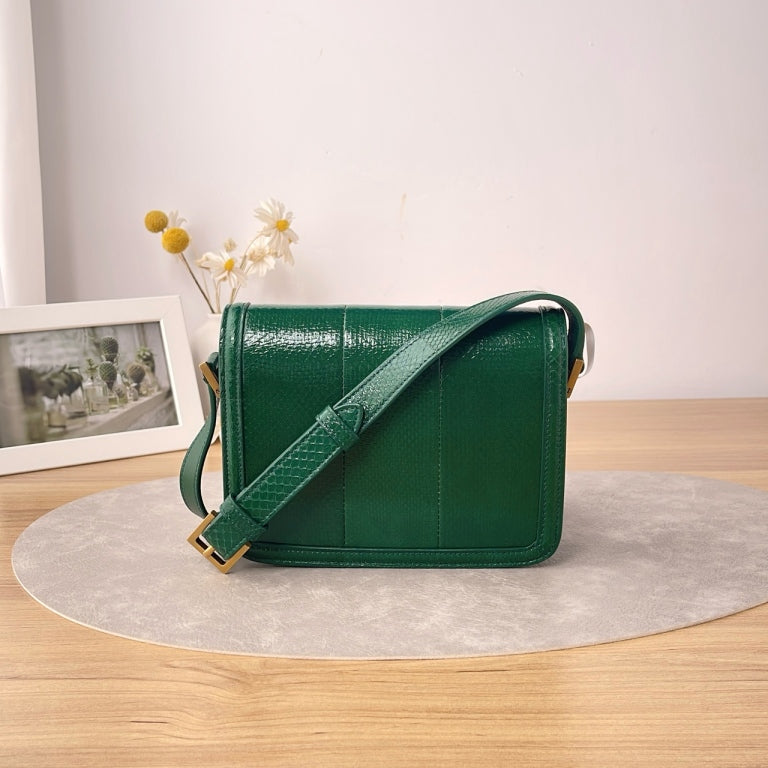 YSL Medium Solferino Shoulder Bag, Green Lizard Embossed Calfskin, Antique Gold-tone YSL Logo Hardware