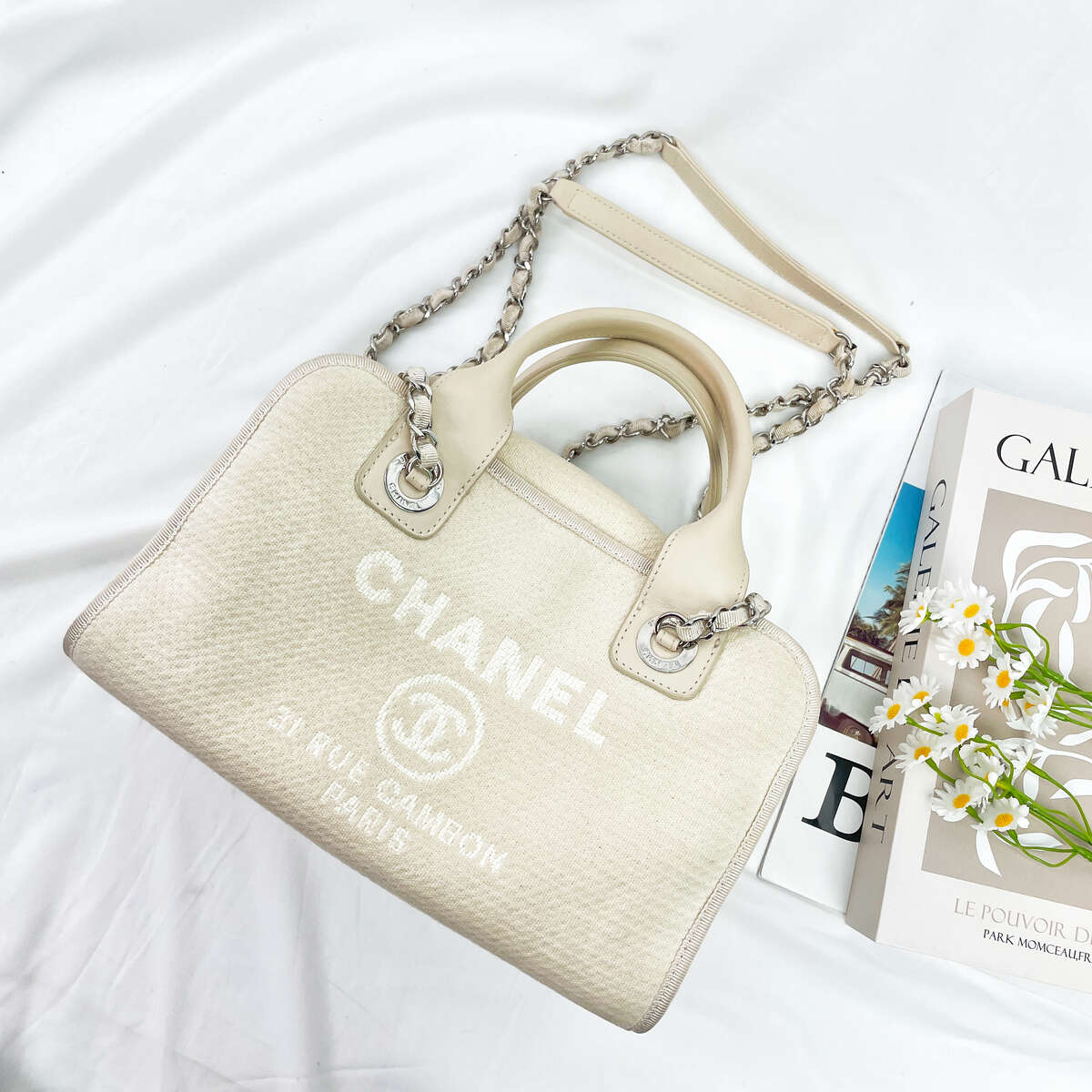 Chanel Small Deauville Shopping Bag, 22C Collection, White Mixed Fiber Canvas, Silver-tone Metal Chain Hardware