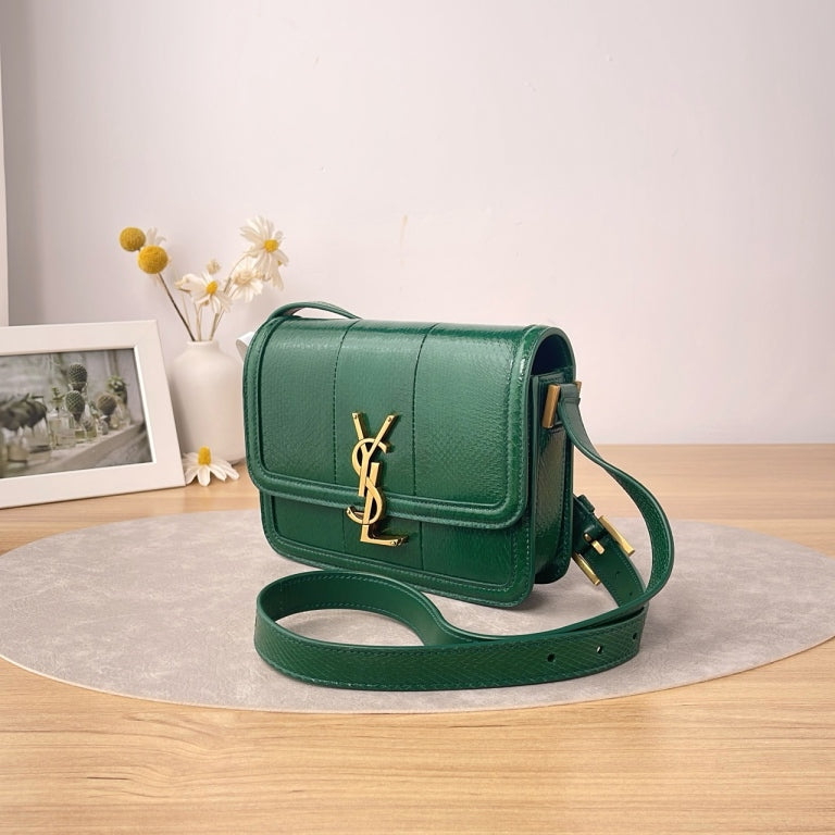YSL Medium Solferino Shoulder Bag, Green Lizard Embossed Calfskin, Antique Gold-tone YSL Logo Hardware