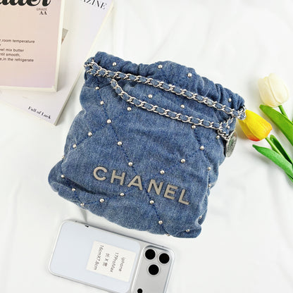 Chanel Mini 22 Handbag, Washed Denim with Stud Detail, Silver-Tone Metal Hardware（24S Collection）