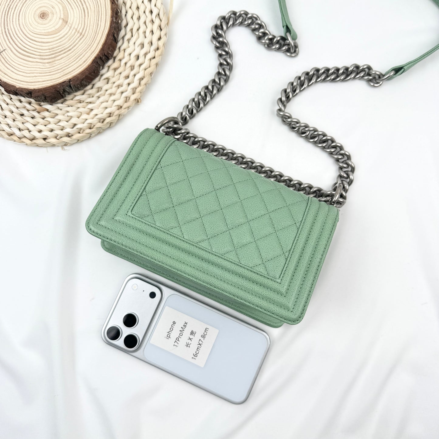Chanel Small Boy Handbag, 23P Collection, Mint Green Caviar Calfskin, Ruthenium Silver Hardware