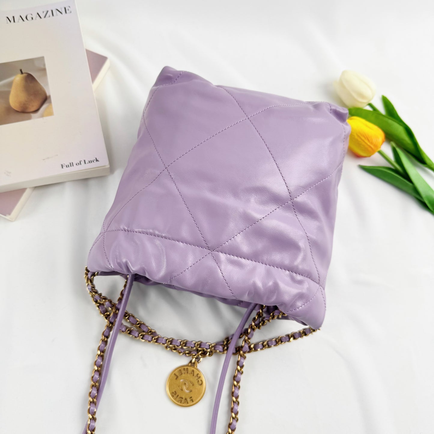 Chanel Mini 22 Handbag, 24P Cruise Collection, Lavender Shiny Lambskin, Gold-tone Metal Hardware