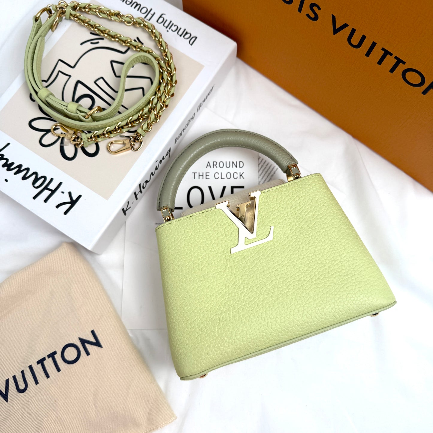 Louis Vuitton Mini Capucines, Light Green Taurillon Leather, Gold-tone LV Turnlock Hardware