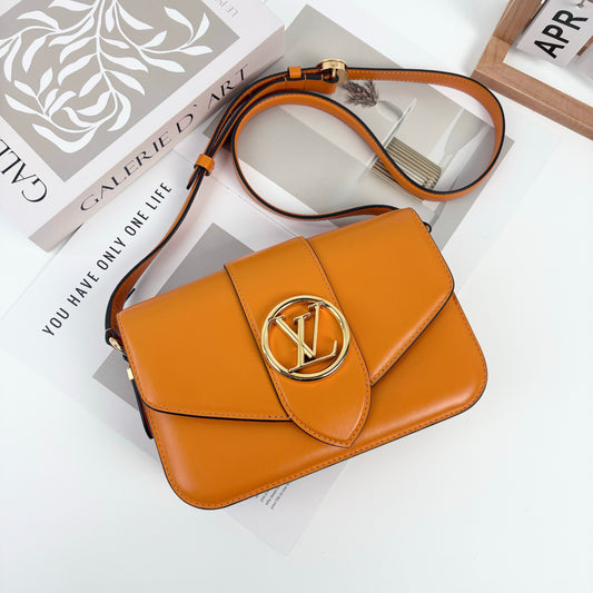 Louis Vuitton Pont 9 Small Crossbody Bag in Orange Smooth Calfskin, Gold-Tone LV Circle Hardware