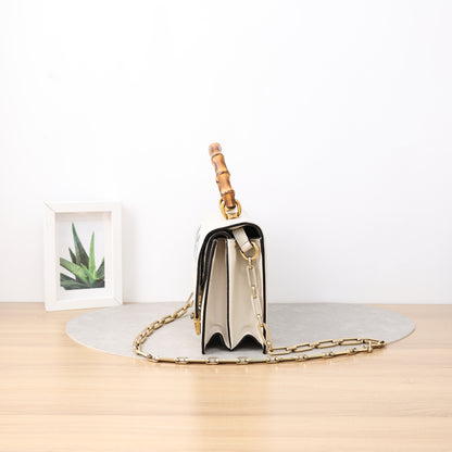 Gucci Ottilia Bamboo Top Handle Shoulder Bag, Off-White Calfskin with Snake Skin Inlay, Insect Print Motif, Gold Bee Hardware & Crystal Chain Strap