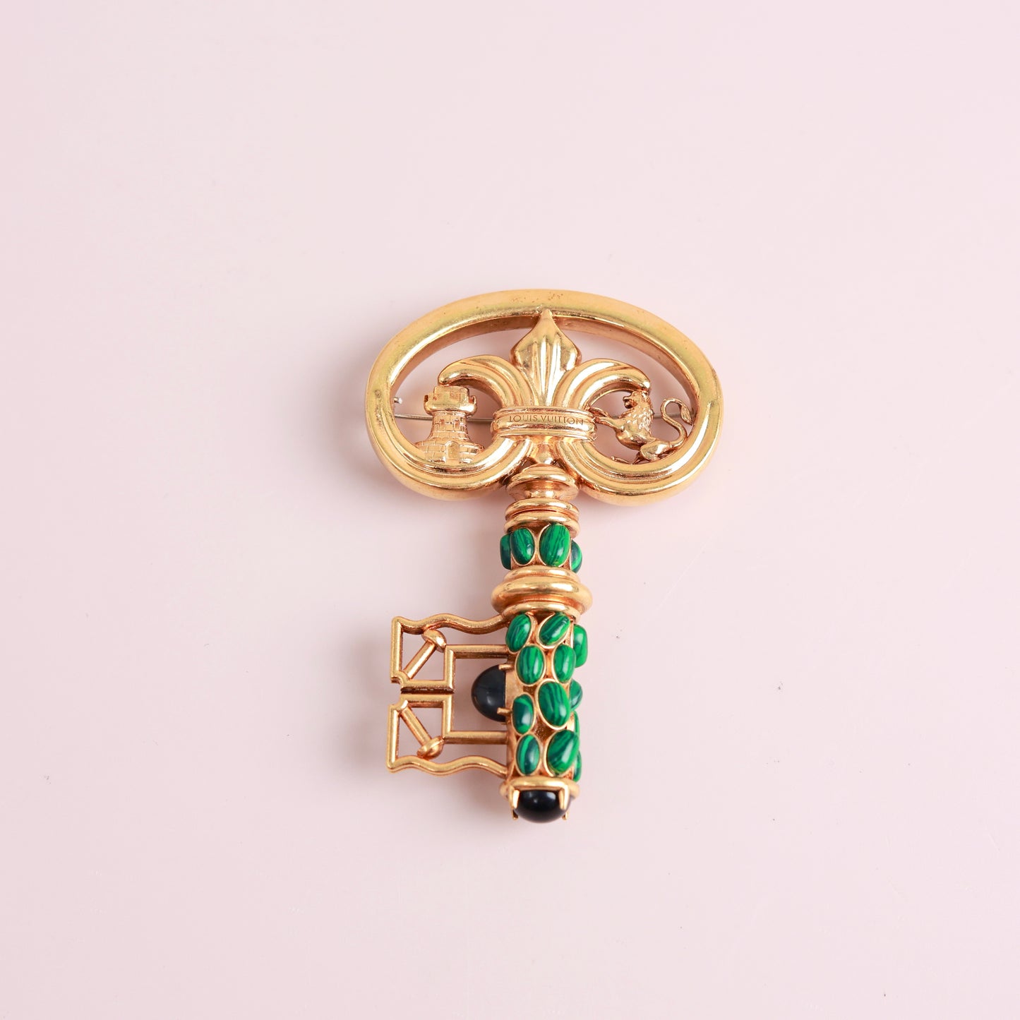 Louis Vuitton × Fornasetti Limited Edition Antique Key Convertible Brooch & Pendant Necklace, Gold Metal with Malachite Inlay, Ancient Greek Motif