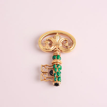 Louis Vuitton × Fornasetti Limited Edition Antique Key Convertible Brooch & Pendant Necklace, Gold Metal with Malachite Inlay, Ancient Greek Motif