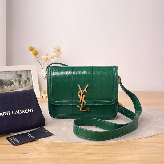 YSL Medium Solferino Shoulder Bag, Green Lizard Embossed Calfskin, Antique Gold-tone YSL Logo Hardware