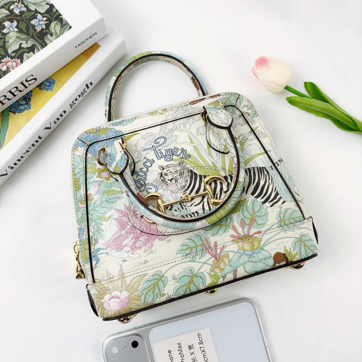 Gucci Mini Horsebit 1955 Top Handle Bag, Tiger Limited Edition Printed Calfskin, Gold-tone Hardware