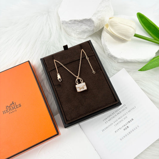 Hermès Amulette Constance Pendant Necklace, 18K Rose Gold Full Pave Diamond Setting